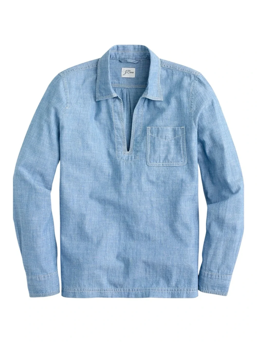 J. Crew Light Blue Chambray Popover Shirt, V-Neck, Collared, Long Sleeve, Size S